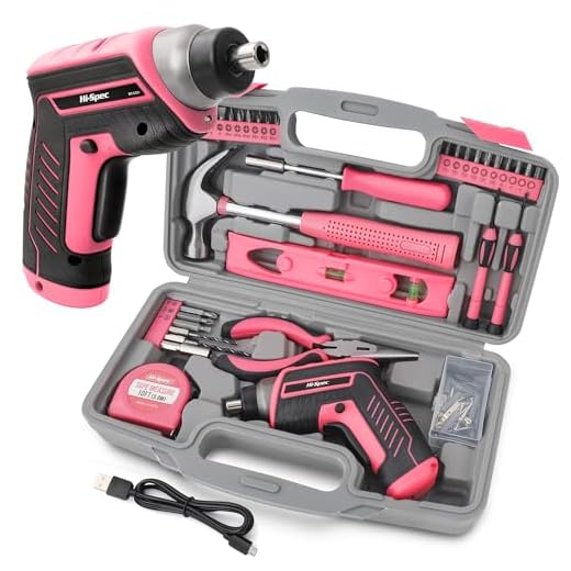 Hi Spec 35 Piece Pink Home DIY Tool Kit with USB Rechargeable 3.6V Electric Power Screwdriver. Easy Repair with Household Hand Tools & Picture Hanging Kit. All In a Portable Box