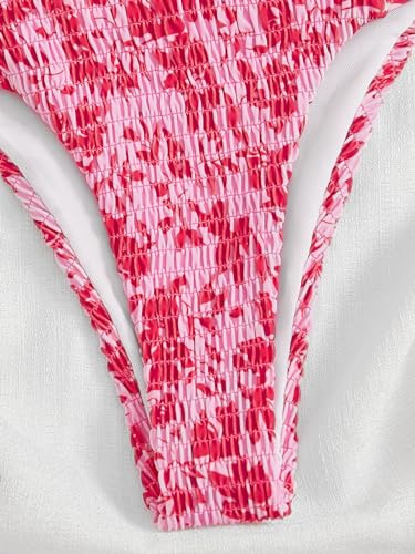 GORGLITTER Women's Strapless Bandeau String Bikini Set Floral Bow Swimsuit High Waisted Smocked Bathing Suit4