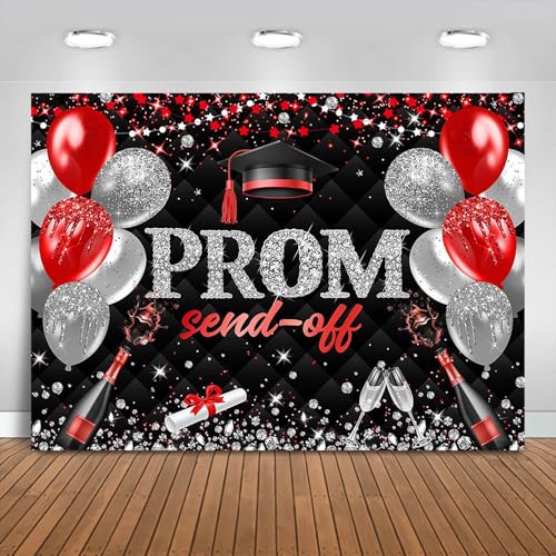 Fitumiw Prom Send Off 2026 Graduation Backdrop Class of 2026 Prom Background Party Decorations Congrats Grad Banner Photo Booth Props (Red Silver and Black, 8x6ft)