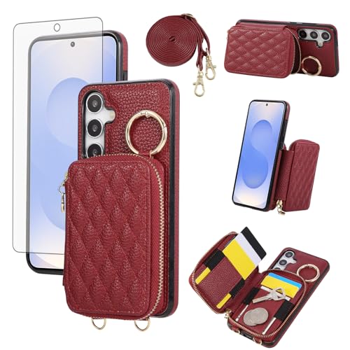 Asuwish Phone Case for Samsung Galaxy S25 FE 5G Zipper Wallet Cell Cover with Screen Protector Ring Credit Card Holder Slot Crossbody Strap Lanyard S 25 EF S25FE 25S 25FE Women Girls Men Red