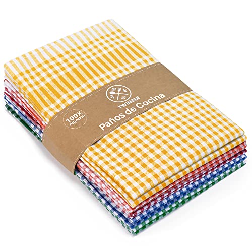 Twinzee - Set de 5 Textiles de Cocina a Cuadros - 100% Algodon - 47 x 67 cm - Diseño Retro - Paños de Cocina para secar la vajilla y Las Manos - Azul, Rojo, Verde, Naranja, Amarillo