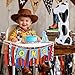Cartoon Toy Highchair Banner for Baby First Birthday Party Decorations Blue Sky With Clouds High Chair Tassel Banner for Boys Girls Western Cowboy 1st Birthday Photo Props Backdrop Decoration