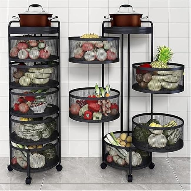 6 Tier Metal Kitchen Rolling Cart Storage Rack with Wheels, Multi-Layer Kitchen Fruit Vegetable Storage Basket Shelf with Wheel, Heavy Duty Household Shelf for Bathr Black-DXDvW0ZR