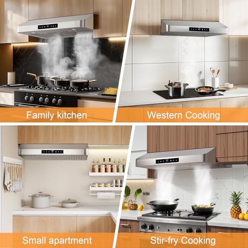 30 Inch Under Cabinet Range Hood 1200CFM, 4-Speed Kitchen Hood with Touch Control & Gesture Sensing Stainless Steel Kitchen Stove Vent Hoods with 2 LED Lights Standard Series