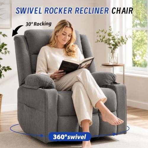 Image of Swivel Recliner Chair for Adults with Massage and Heating,Manual Glider Rocking Recliner Chair with Cup Holds and Pockets,Reclining Rocker Chairs for Living Room Bedroom R8811 (Darkgrey)