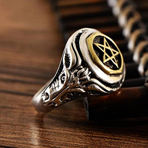 WEISHA Anel Retrô S925 Prata Estilo Étnico Dourado Estrela De Cinco Pontas Cabeça De Veado Anel Masc