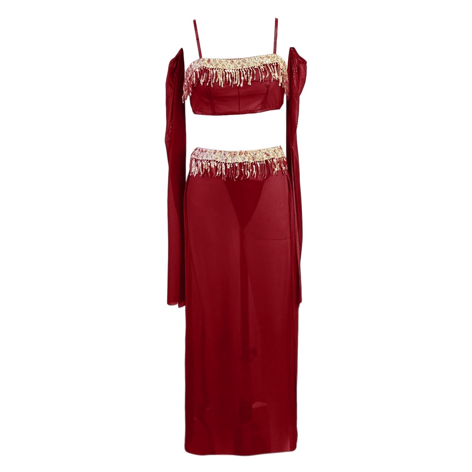 Disfraz Danza del Vientre Vestido Largo Transparente Malla Lentejuelas