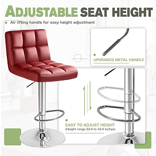 Image of Furmax Bar Stools Modern Pu Leather Swivel Adjustable Hydraulic Bar Stool Square Counter Height Stool Set of 2 (Wine Red)