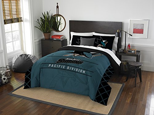 Northwest Officially Licensed NHL San Jose Sharks 'Draft' Full/Queen Comforter and 2 Sham Set, Black/Teal