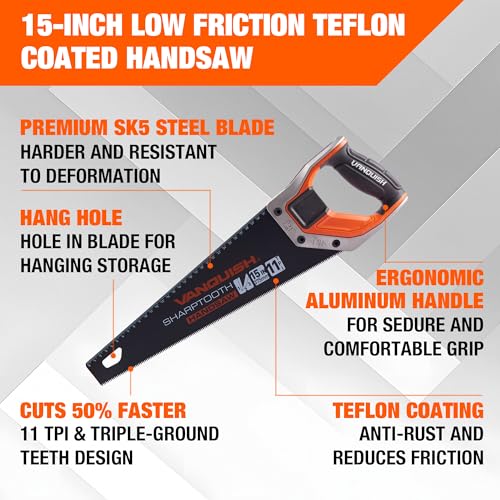 VANQUISH 15 Inch Teflon Coating Blades Hand Saw SharpTooth Crosscut Saw with Comfort Grip for Woodworking - 11 Joints Per Inch (4812)