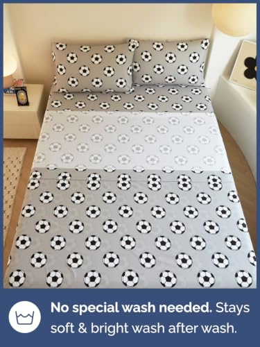 Image of Kids Full Size Soccer Bed Sheets - 4 Piece Kids Soccer Sheet Set - Athletic Sporty Bedding - Ultra-Soft, Cute & Cozy - Breathable & Machine Washable - Grey Bed Set for Boys, Girls, Teens & Toddlers
