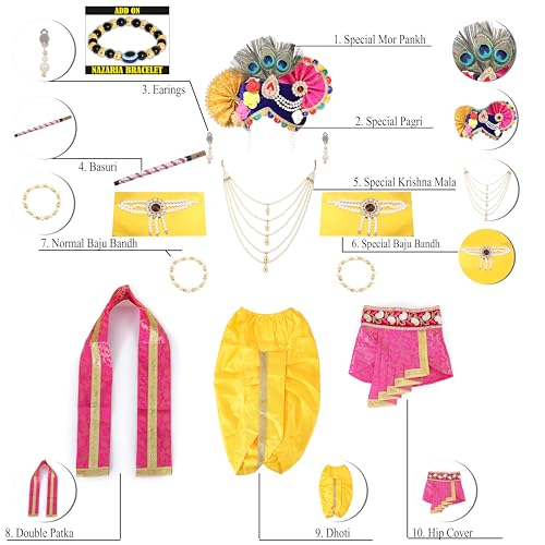 Image of Krishna Dress for Kids, Baby Krishna Dress for Janmashtami with Krishna Mukut, Peacock Feather & Flute Embroidered Krishna Costume for Girl & Boy, 3 Months-8 Years