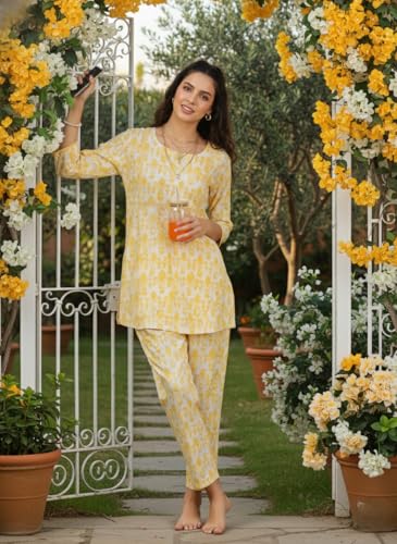 Image of 9shines Label Pure Cotton Printed Women Top & Pyjama Set | Pyjama co-ord Set | Night Suit | Lounge wear for Home | Nightwear Set for Women | Night Dress for Women Stylish (COPJ-5)