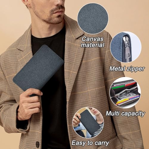 Men’s Wallet, Minimalist Large Capacity Canvas Zipper Long Wallets, Business Card Holder Phone Clutch Purse (Black)3