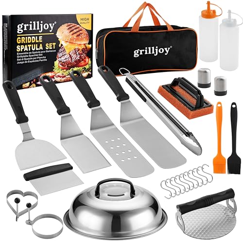 Grilljoy Plancha Zubehör Set Edelstahl Grill Zubehör für Männer Smash Burger Set mit Grillspachtel Burgerpresse 28TLG Grill Besteck für Plancha Grill Grill Set für Indoor und Outdoor Küche