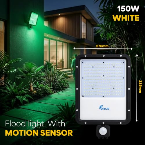 Image of Forus 150W LED Flood Light Green with Motion Sensor Auto On Off Day Night Mode Waterproof Outdoor Security Light for Garden Parking Garage Factory Warehouse High Bright Floodlight 4Yr Warranty-1Pc