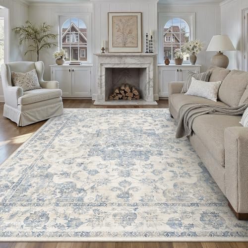 HUGEAR Vintage Groß Teppich Wohnzimmer 300x400cm Blau Retro Rugs for Living Room Weich rutschfest Waschbarer Tepich Kurzflor Schlafzimmer Carpet Living Room Bedroom Esszimmer Teppiche Büro V