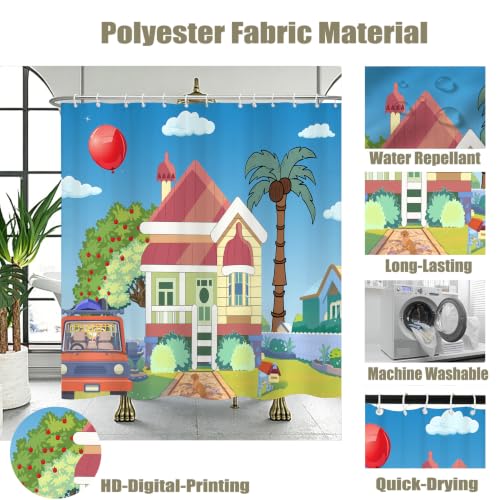 Image of Blue Them Balloon Cartoon House 72x78 Decorative Shower Curtain With Hooks | Bluey Backdrop With Cartoon House Red Balloon Print, Polyester Shower Curtain, With Hooks For Bathroom Decoration