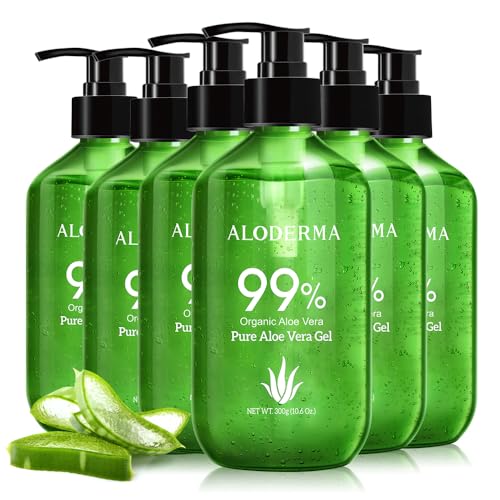 Aloderma Aloe Vera Gel Made within 12 Hours of Harvest with 99% Pure Organic Aloe Vera - Pump Bottle - Ideal for Face and Body, Soothing &amp; Hydrating Sunburn Relief, Great for Scalp &amp; Hair - 6 x 10.6oz