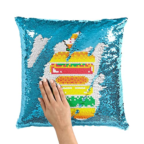 Coussin pixel art retro gaming turquoise housse sequin paillettes burger - 3