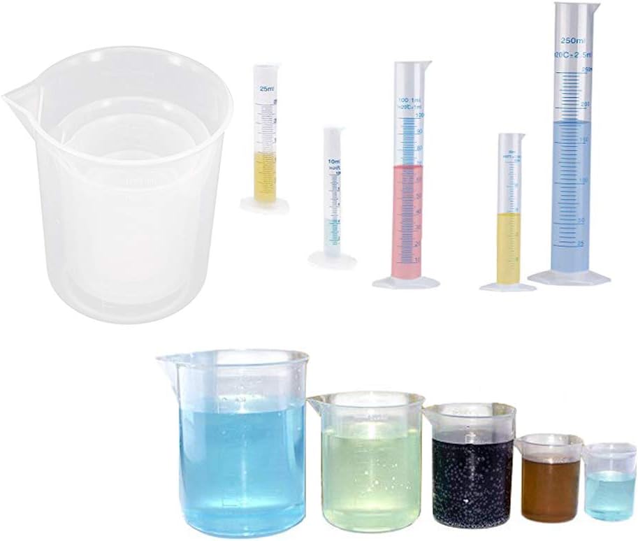 10 Pack Plastic Graduated Cylinkers Beakers Set,Clear Measuring Cylinker 5 Sizes-10ml,25ml,50ml,100ml,250ml and Measuring Beaker 5 Sizes-50ml,100ml,250ml,500ml,1000ml for Lab