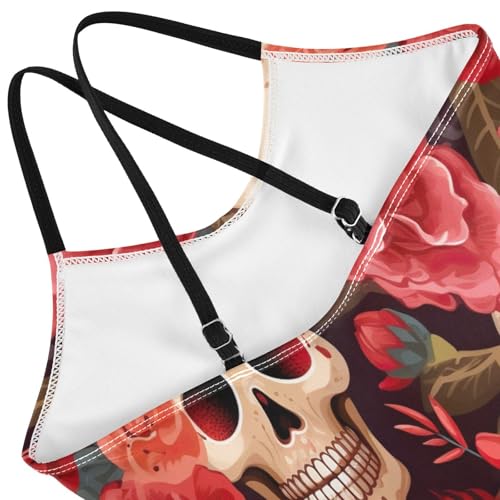 Girl Bathing Suits Beach Apparel 3-10 Y with Adjustable Shoulder Strap, Funny Skulls Red Flowers4