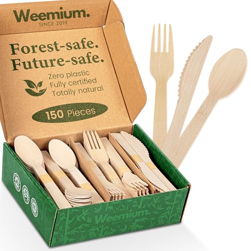 Bamboo Cutlery Disposable Set [150 Pack] Heavy-Duty Bamboo Utensils
