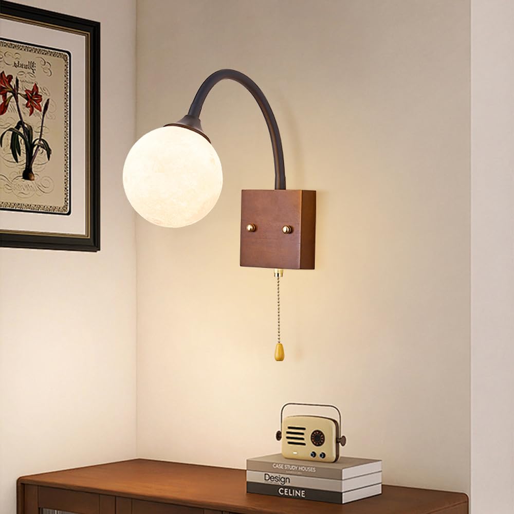 KBUUKYYXouy Mid Century Modern Wall Sconce Globe Milk Glass Wall Light Fixture Gooseneck Moon Wall Sconce Pull Chain Wood Industrial Vintage Wall Lighting for Bedroom Hallway Farmhouse Living Room