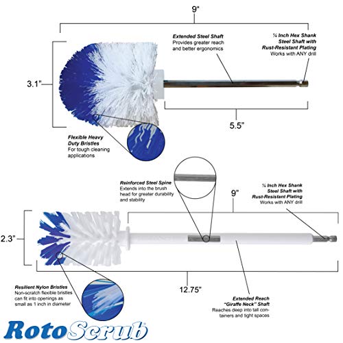 RotoScrub 2 Drill Brush Kit - Extended Reach Wheel Brush with Heavy Duty Bristles + Super Extended Long Wheel Brush with Soft Bristles