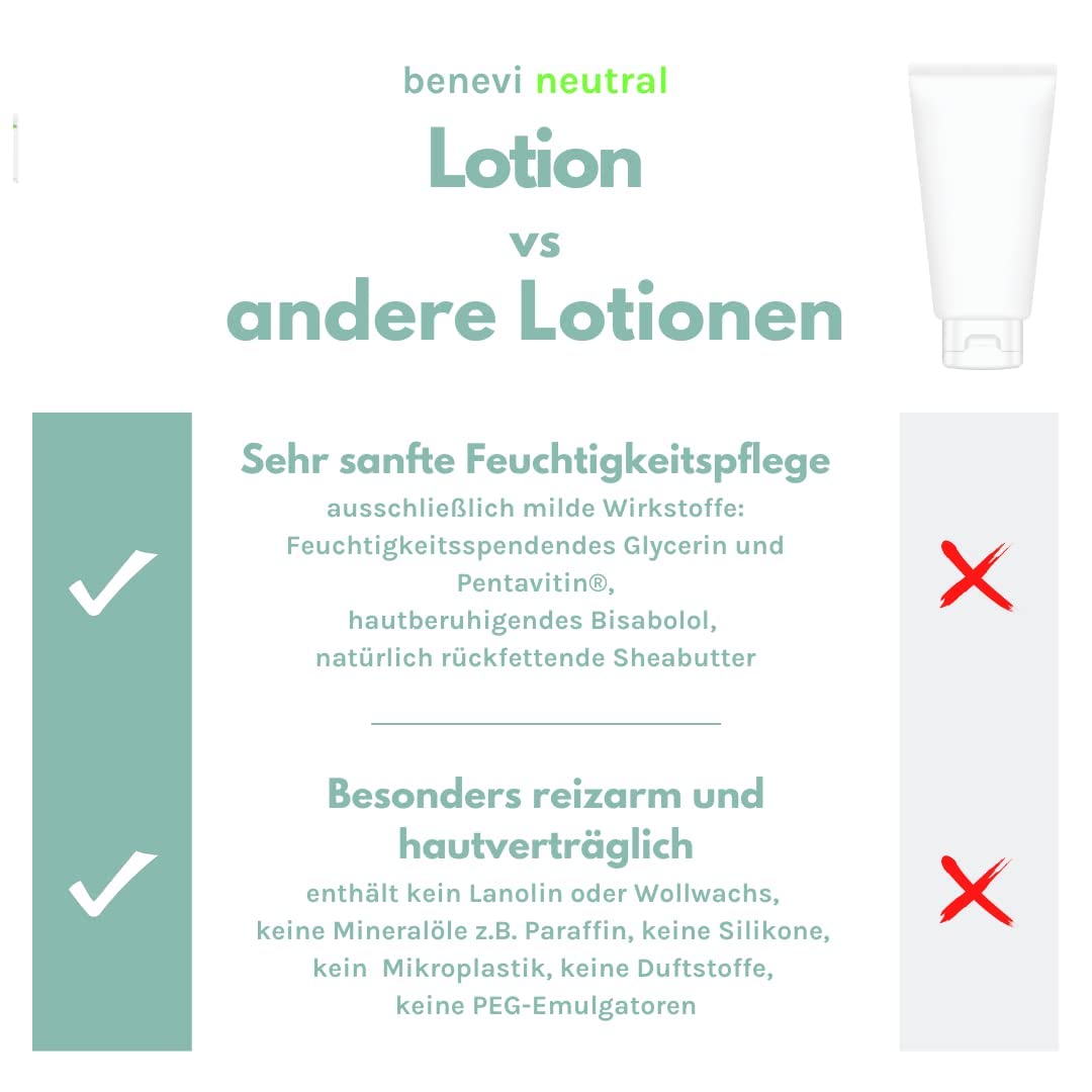 benevi neutral Lotion 200ml für empfindliche und zu Allergien neigende Haut - die leichte und pH-hautneutrale Bodylotion pflegt die Haut mit wertvoller Sheabutter und ist besonders hautverträglich