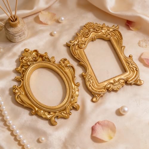 Image of 6 Pcs Mini Vintage Gold Frames, Small Picture Frames Antique Resin Photo Frame for DIY Craft Galley Wall Hanging Jewelry Display Shooting Photo Props Christmas Decor (Without Backings)
