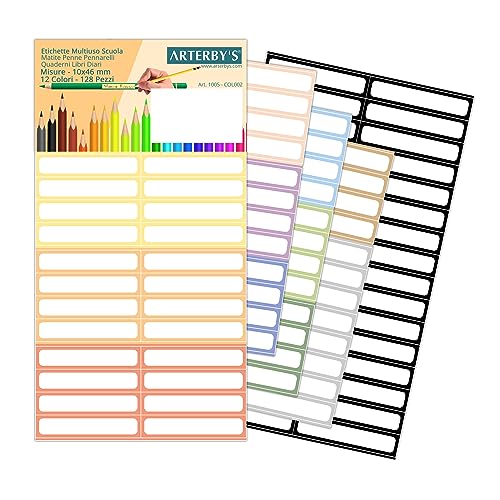 Arterby's® - 128 Etiquettes Adhésives Crayons Stylos Marqueurs - 10 x 46 mm - 12 Couleurs - Vinyle Imperméable Coloré Enfants École Maternelle Noms Livres Cahiers (COL001)