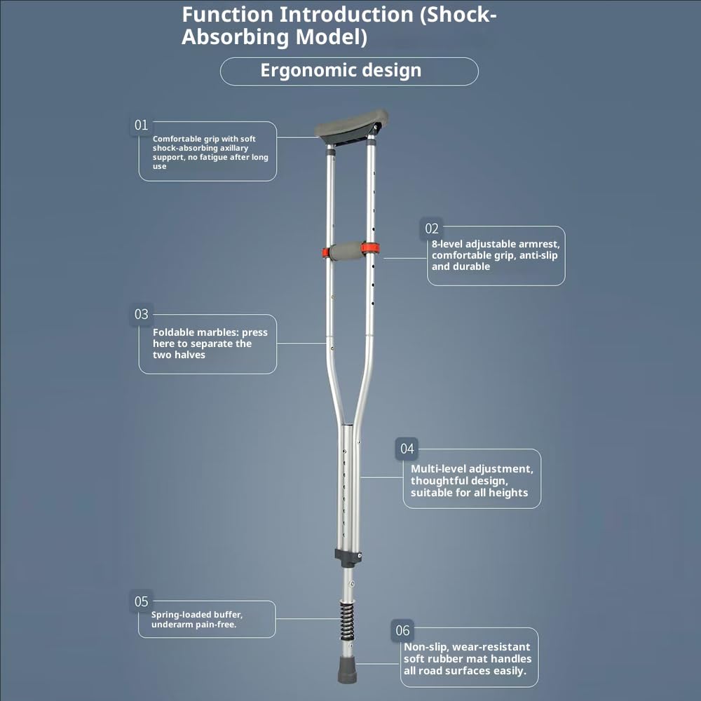 Muletas Axilares 1 Par (2 Piezas) – Altura Ajustable 118-164cm 19 Niveles Regulables，con Amortiguación y Plegable, Aluminio y Almohadillas de Goma Soportan 150kg, para Mayores o Post-Cirugía (plata)