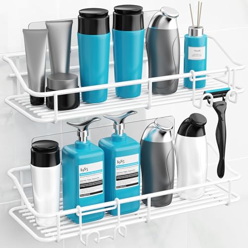Image of Nieifi Shower Caddy Shelf with Hooks Storage Rack Organizer Adhesive Stainless Steel Without Drilling for Bathroom, Lavatory, Washroom, Restroom, Shower, Toilet, Kitchen - 2 Pack (White)