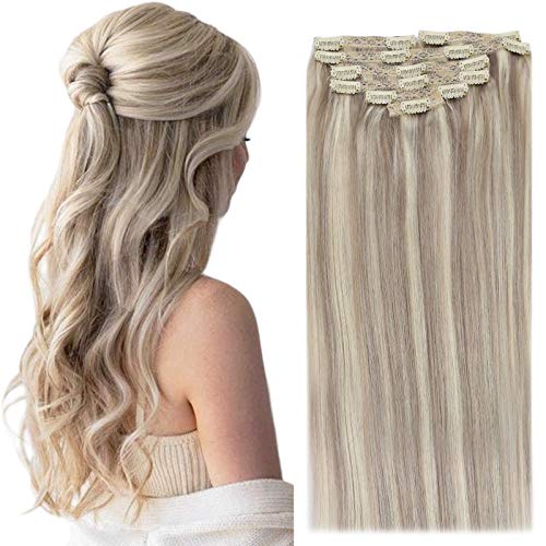 VeSunny Dirty Blonde Highlight Clip in Hair Extensions Piano Color #20 Mix #60 Platinum Blonde Remy Full Head Human Hair Clip in Extensions Grade 7A 16inch 7pcs/120g