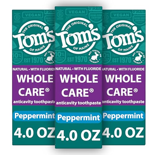 Tom's of Maine Whole Care Natural Toothpaste with Fluoride, Peppermint, 4 oz. 3-Pack (Packaging May Vary)