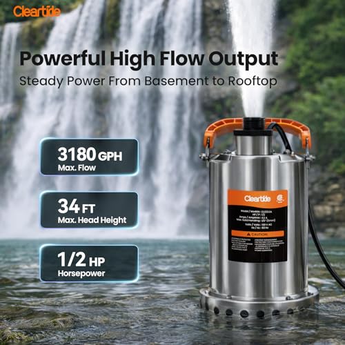 Image of Cleartide Stainless Steel Submersible Utility Water Pump, 1 /2 HP 3180 GPH, Thermoplastic Portable Plug & Work, Ideal for Pool, Flooded Basement, Hot Tub, Pond & Garden Draining, 10 FT Cord