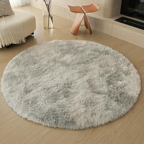 Swsen Tapis de Salon Rond, Super Doux, Shaggy, Moelleux, Dessous antidérapant, Moderne, Lavable, à Poils Longs 80 cm Diamètre, Gris Tiedye