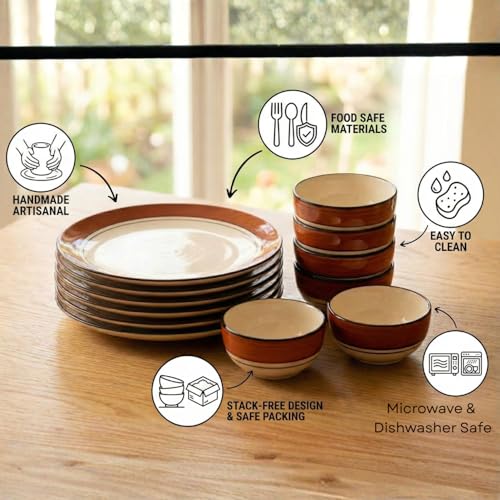 Image of Freakway Glossy browny Glossy Brown and White Ceramic Plates for Dinner with Katoris (12 Pieces, 6 Bowl & 6 Plates, Dishwasher & Microwave Safe) -Dinner Sets Ceramic Bowls Set Dinnerware Sets