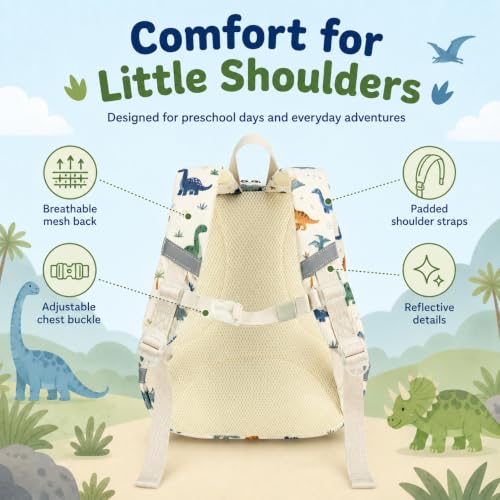 Image of LOIDOU Toddler Backpack for Boys Ages 2-4, 12 Inch Mini Preschool Daycare Bookbag with Insulated Snack Pocket, Corduroy Small Kids Travel Backpack with Chest Strap,Beige Dinosaur