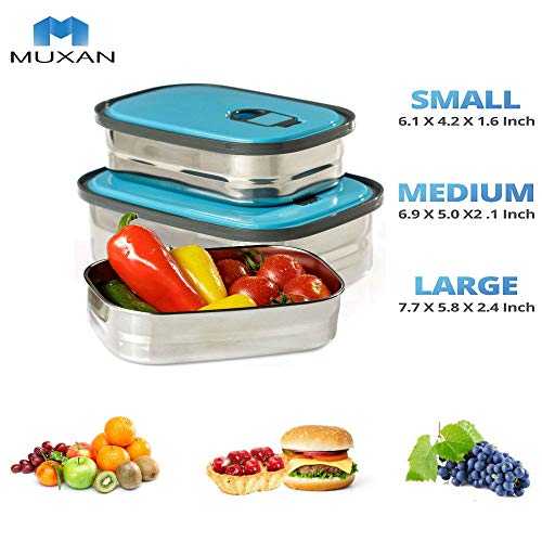 Muxan - Fiambrera para alimentos, fiambrera portátil con 3 fiambreras Bento Box de acero inoxidable hermético para oficina
