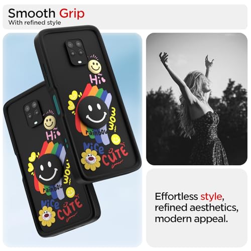 Image of Pikkme Back Cover for Redmi Note 9 Pro /Note 9 Pro Max /Poco M2 Pro /Note 10 Lite | Soft Silicone| Cute Rainbow Smile & 3D Cartoon Flower Design | Shockproof Raised Camera Protection Bumper Case (Black)