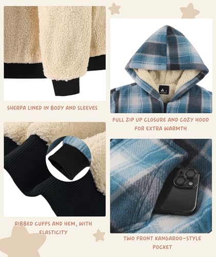Image of V VALANCH Boys Flannel Jacket Hooded Fleece Lined Zip-up Hoodies Plaid Coat for Kids