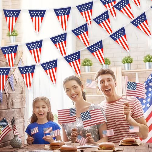 Image of FOIMAS American Flag Pennant Banner,39.3ft USA String Flag Triangle String Flag Bunting Garland for 4th of July Patriotic Party Decoration Supply