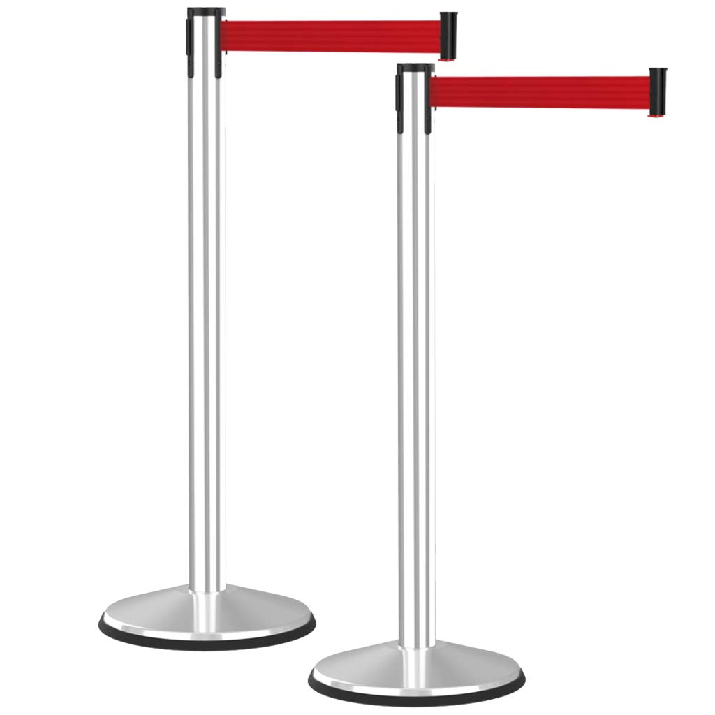 Visiontron Retractable Belt Barrier 2pk, 40” Tall Crowd Control Stanchion Post, 10’ Long Red Belt/Silver Prime Steel Queue Pole, Self-Straightening No-Tools Assembly