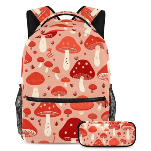 Cartable sac à dos enfant motif champignon rouge avec trousse assortie pour fournitures scolaires