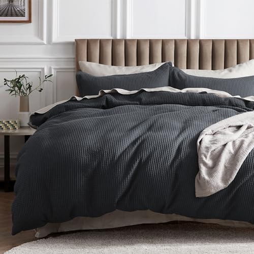 Bedsure Cotton Duvet Cover Queen - 100% Cotton Waffle Weave Charcoal Duvet Cover Queen Size, GentleSoft™ and Breathable Bedding Set for All Season, 3 Pieces, 90