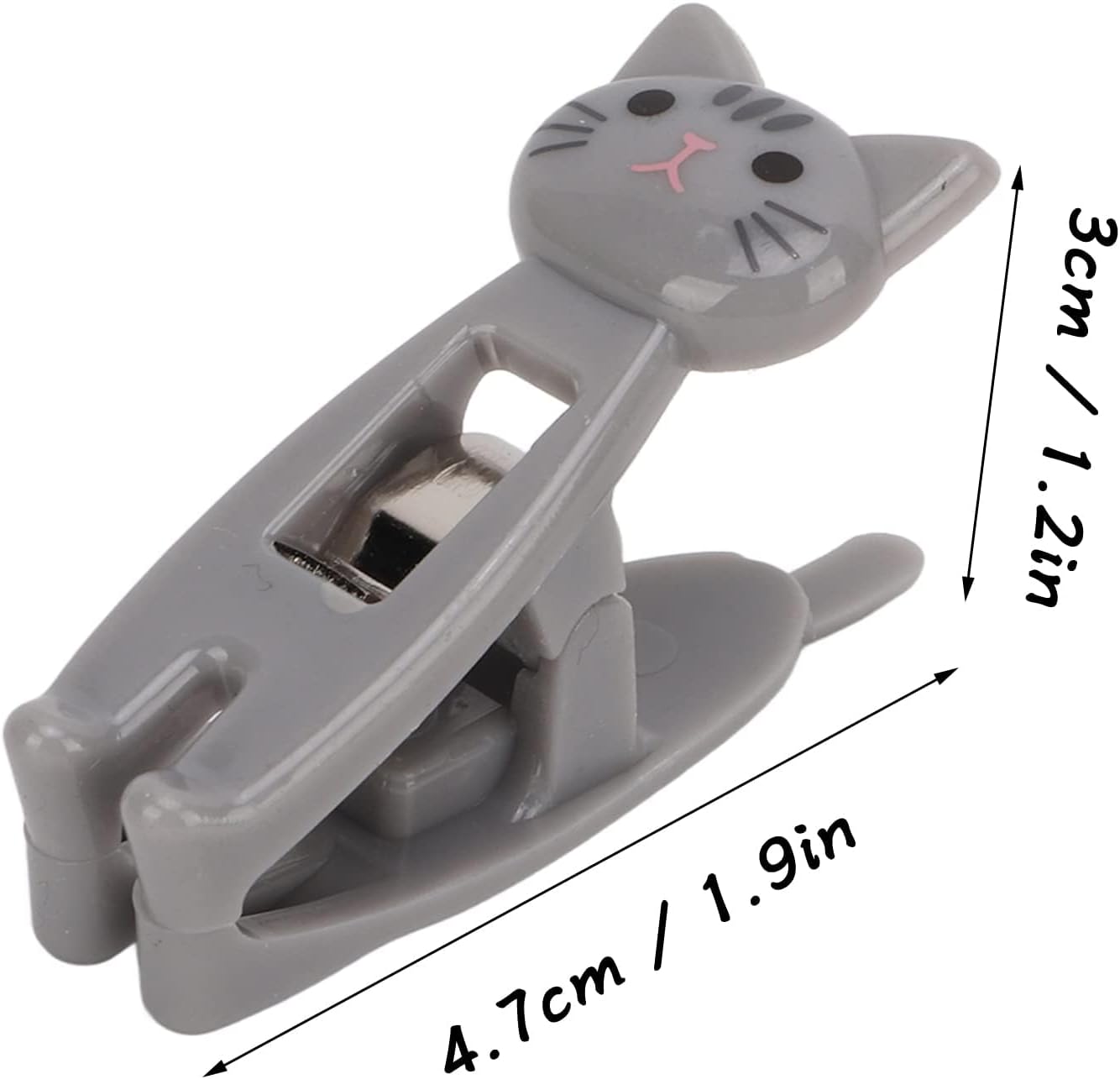 Close-up of a grey cat clip with dimensions labeled: 4.7cm / 1.9in length and 3cm / 1.2in height
