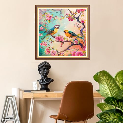 Image of Fanxvivy Stamped Counted Cross Stitch Kits for Adults Printed Cross-Stitch Patterns 11CT Stamped or Counted Cross Stitching Embroidery Kit Needlepoint Kits-Birds Speak Fragrance of Flowers 18x18 inch