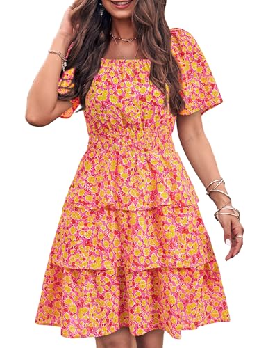 Image of PRETTYGARDEN Women's Summer Floral Ruffle Short Dress | Short Sleeve Square Neck, Flowy Tiered Hem, Fit and Flare, Flower Boho Dresses, Cute Beach Vacation Outfits, Fashion Clothing